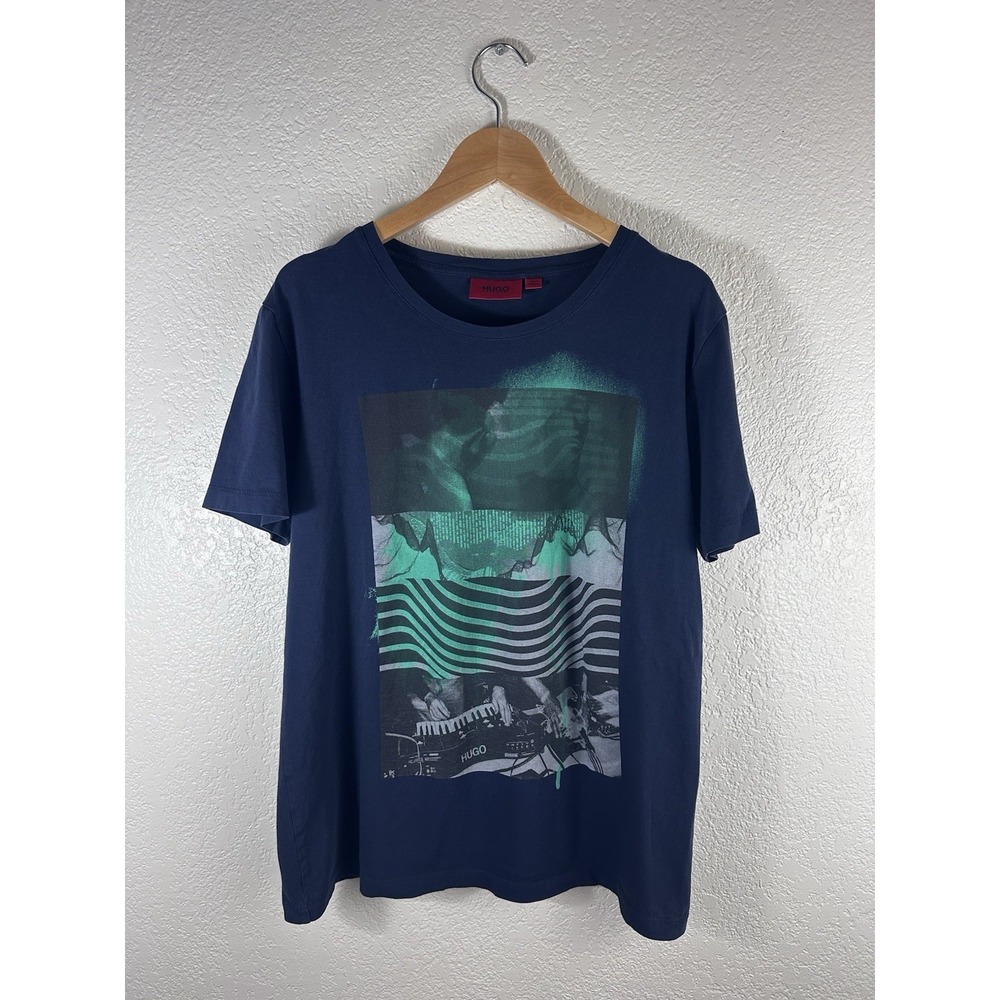 HUGO Hugo Boss Graphic T-Shirt Men's Medium Blue Abstract Print Short Sleeve
